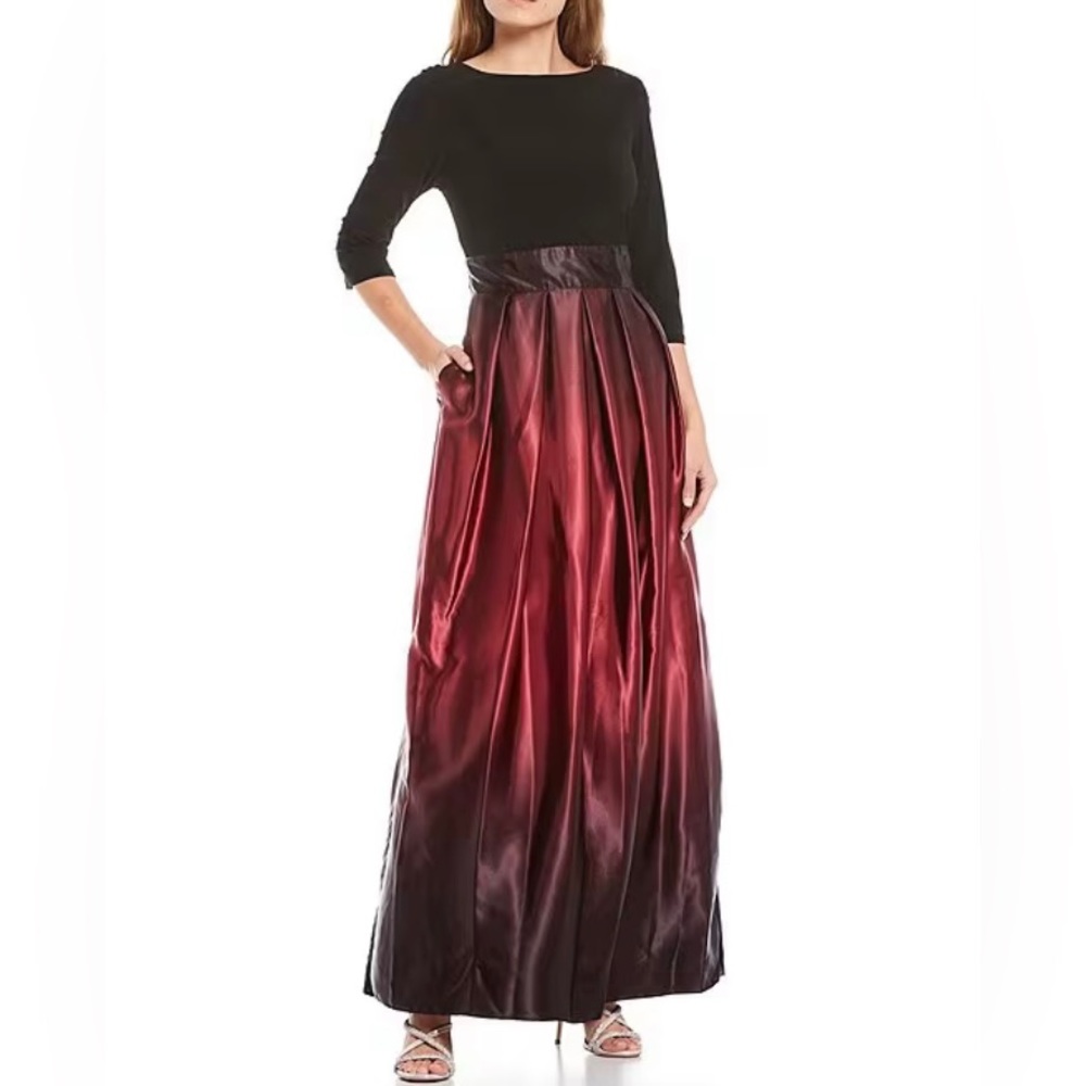 SLNY
Ombre Satin Boat Neck 3/4 Sleeve Tie Waist Pocketed Ball Gown